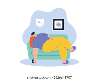 Lying all day without knowing the time, laziness vector illustration.