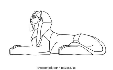 lying ancient Egyptian sphinx, for tourist logo or emblem, symbol of Egypt, lion with human head, vector illustration with black ink lines isolated on white background in cartoon and hand drawn style