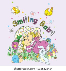 A lying baby on grass with around rabbit, snail, bird and bee. Vector illustration.
