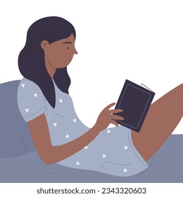 Lying in bed girl reading book. Reading interesting novel, book lover hobby vector illustration