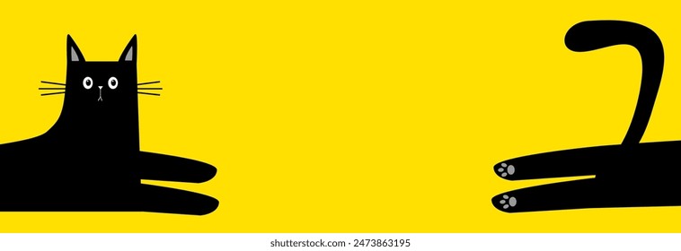 Lying black cat. Half body. Cute kawaii chilling kitten face, paw print, tail. Cartoon baby pet character. Happy Halloween. Greeting card, banner, sticker print. Flat design. Yellow background. Vector