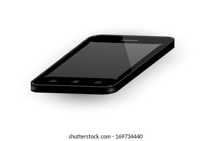 lying black smartphone with shadow on white background