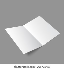 Lying  blank two fold paper brochure on gray background. Open magazine. Cover for your design