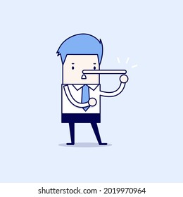 Lying Businessman With Long Nose. Cartoon Character Thin Line Style Vector.