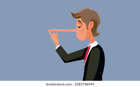 
Lying Businessman Touching his Growing Nose Vector Cartoon Illustration. Deceiving guy making false promises being dishonest and a liar 
