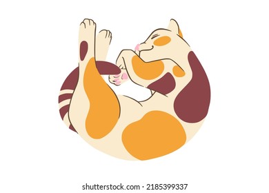 Lying calico cat in doodle style. Colored playful cat. Cute vector illustration isolated in white background
