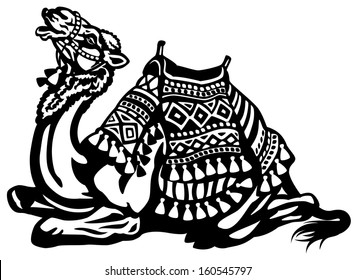 lying camel with saddle black and white illustration