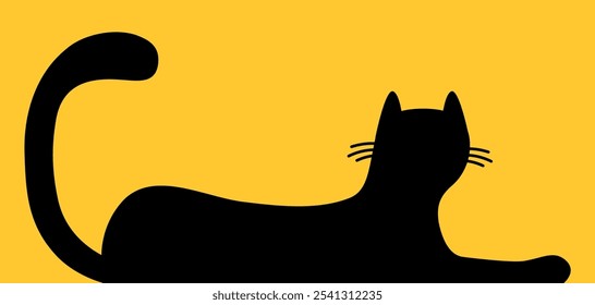 Lying cat black silhouette. Long body. Cute kawaii chilling kitten head face. Happy Halloween. Cartoon baby pet character. Greeting card, banner, sticker print. Flat design. Yellow background. Vector