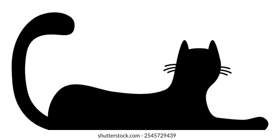 Lying cat black silhouette. Long body. Cute kawaii chilling kitten head face. Cartoon baby pet character. Happy Halloween. Greeting card, banner, sticker print. Flat design. White background. Vector