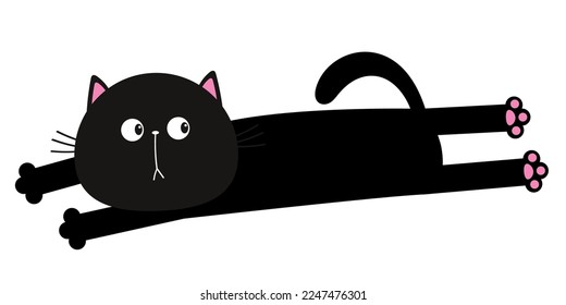 Lying cat. Cartoon baby pet character. Long body. Cute kawaii chilling black kitten head face. Happy Halloween. Greeting card print. Flat design. Isolated. White background. Vector illustration