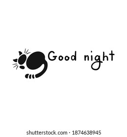 Lying cat icon and Good Night lettering. Hand-drawn cartoon collection. Vector illustration.