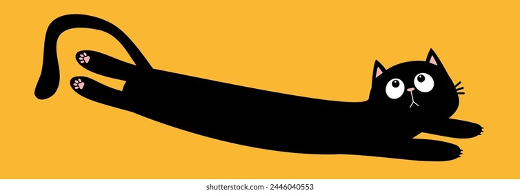 Lying cat. Long body. Cute kawaii chilling black kitten head face, paw print. Greeting card, banner, sticker print. Cartoon baby pet character. Happy Halloween. Flat design. Yellow background. Vector