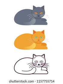 Lying cat. Vector. Cute gray, red and outline pet in flat design isolated on white background. Cartoon illustration.