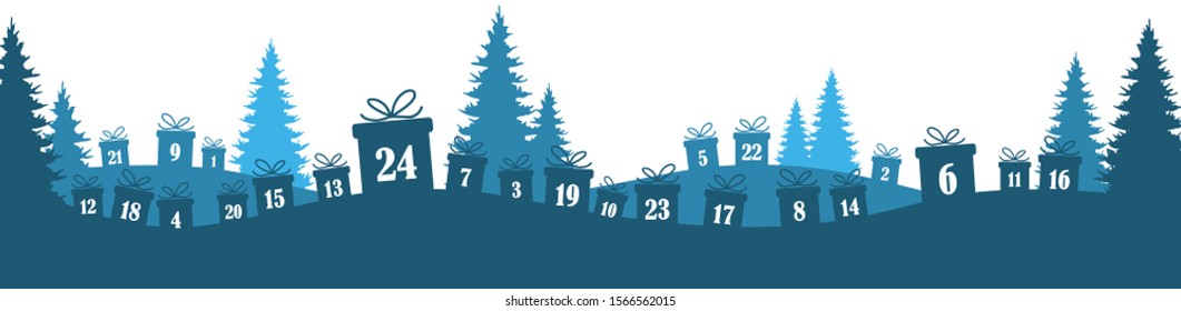 lying christmas presents colored blue with numbers 1 to 24 showing advent calendar for xmas and winter time concepts, nature background with fir trees and christmas symbols