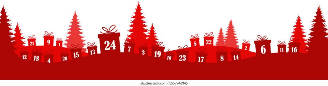 lying christmas presents colored red with numbers 1 to 24 showing advent calendar for xmas and winter time concepts, nature background with fir trees and christmas symbols