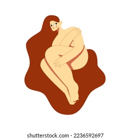 boca abajo, posición fetal, indefenso, tristeza, soledad, desnuda, maltratada, violada, abusada emocionalmente, depresión, abrazo, calma, vector ilustración plana, concepto