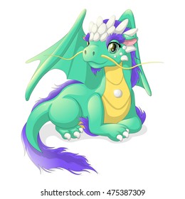 lying cute green dragon with the talisman on his chest