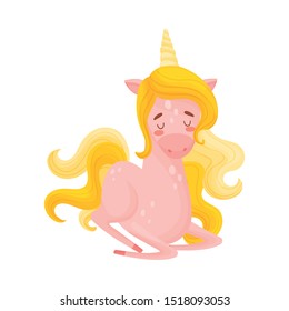 Lying Cute Pink Unicorn With Golden Mane And Tail Vector Illustration