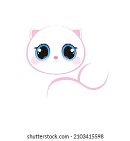 lying cute white cat with a fluffy tail on a white background