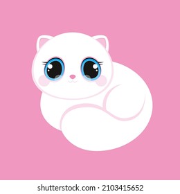 lying cute white cat with a fluffy tail on a pink background