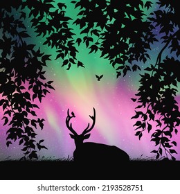 Lying deer framed by leaves. Animal silhouette. Bright aurora borealis
