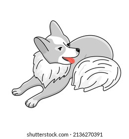Lying dog breed Papillon in black and gray colors isolated on white background.Cute animal character with protruding tongue and fluffy tail.Hand drawn vector illustration for design cards,posters.