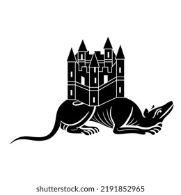 Lying dog holding medieval castle on its back. Creative concept. Black and white silhouette.