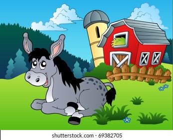 Lying donkey near farm - vector illustration.