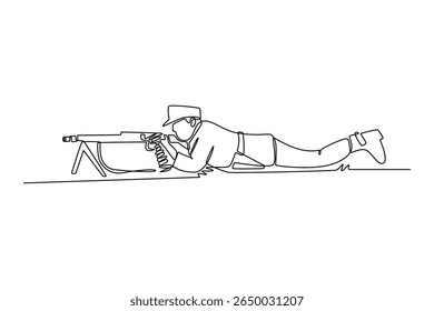 Acostado disparando ametralladoras. Concepto de la Guerra Mundial. Diseño de dibujo de línea única. Ilustración gráfica de Vector