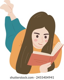 Acostado Relax Mujer Estudiante Lectura Libro Personaje Ilustración Gráfico Dibujos Animados