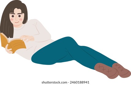 Lying Down Relax Woman Student Reading Book Character Illustration Graphic Cartoon Art