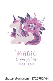 Lying down unicorn in flowers - Children's wall art, poster, greeting card or party invitation - Isolated vector hand drawn cute animal character in scandinavian pastel colors - Magic is everywhere
