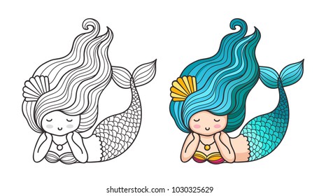 Lying dreamy mermaid. Cute cartoon character. Vector colored illustration for print, card, poster, t-shirt, coloring books, tattoo.