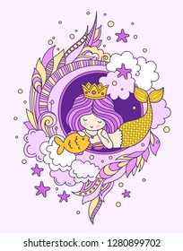 Lying dreamy princess mermaid with fish, surrounded by seaweed, clouds, starfish. Vector illustration for poster, print, invitation, banner, postcard, card.