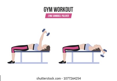 Lying dumbbell pullover. Sport exercises. Exercises in a gym. Illustration of an active lifestyle. Vector.