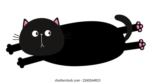 Gato gordo. Caricatura del personaje de bebé mascota. Cuerpo largo. Cute kawaii escalofriante cara de gatito negro. Feliz Halloween. Tarjeta de felicitación impresa. Diseño plano. Aislado. Fondo blanco. Ilustración del vector