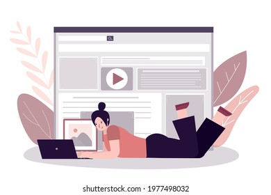 Lying female UI and UX designer build website on laptop screen. Employee girl codering internet site. Web development process. Construction, creating and programming web page. Flat vector illustration