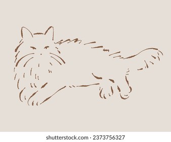 Ilustración esponjosa del gato. Vector dibujado a mano. Gato en posición relajada