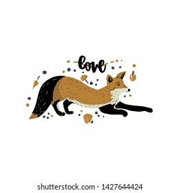 Lying Fox flat vector illustration with hand drawn lettering - love. Cute tod cartoon character with mushrooms. Forest animal. Wildlife wrapping paper, kid textile, background.