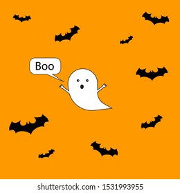 lying ghost spirit  Boo. Happy Halloween. Scary white ghosts. Cute cartoon spooky character. Smiling face, hands. Orange background. Flat design. Vector illustration
