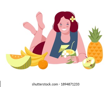 Lying girl drinks a coconut surrounded by fruits. Vector illustration in flat cartoon style. Isolated on a white background.