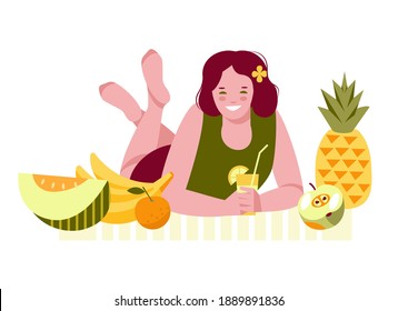 Lying girl with a glass of cocktail, lemonade, juice, surrounded by fruits. Vector illustration in flat cartoon style. Isolated on a white background.
