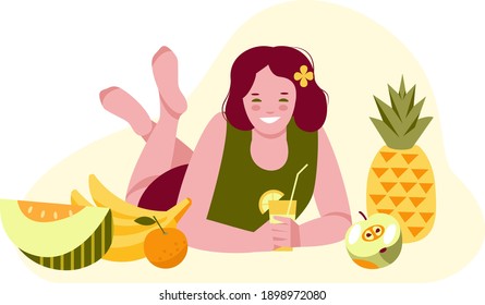 Lying girl with a glass of cocktail, lemonade, juice, surrounded by fruits. Vector illustration in flat cartoon style.