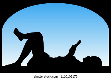 Lying girl near big window. Vector illustration with isolated silhouette of woman with mobile phone. Blue pastel background