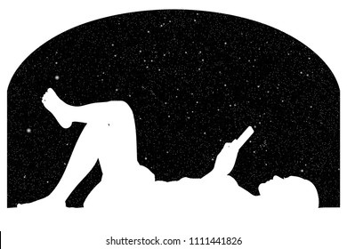 Lying Girl Near Big Window At Night. Vector Illustration With Silhouette Of Woman With Mobile Phone Under Starry Sky. Inverted Black And White
