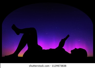 Lying girl near big window at night. Vector illustration with silhouette of woman with mobile phone. Northern lights in starry sky. Colorful aurora borealis