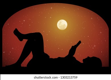 Lying girl near big window on moonlit night. Vector illustration with silhouette of woman with mobile phone. Full moon in starry sky