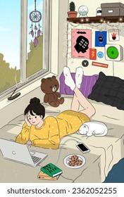 Lying girl using laptop in bed wearing pajamas. Cozy home bedroom. Business woman, freelancer working on computer. Watching movie. Trendy hand drawn doodle style. Flat design line vector illustration.