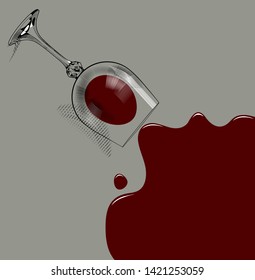 Lying glass and poured red wine. Vintage engraving stylized drawing. Vector illustration
