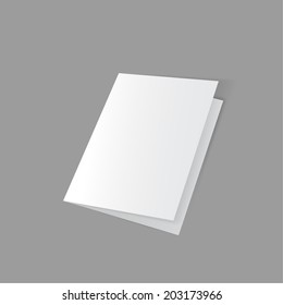 lying half-open blank fold paper brochure on gray background. 